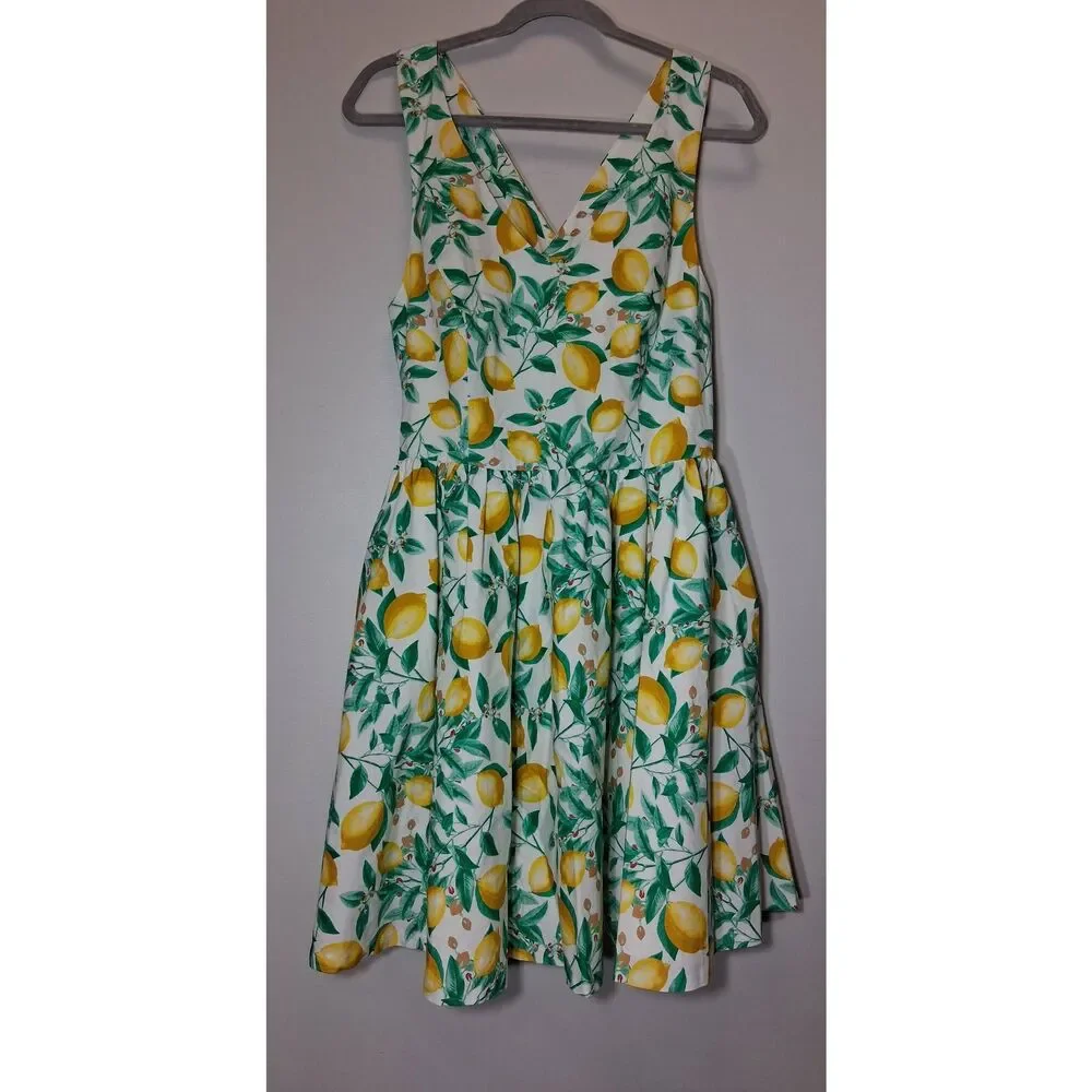 Elle womens size 12  skater dress lemons yellow sundress green - Picture 2 of 9